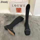 Winter New Mix Color Women Long Boot Fashion Flats Heels Square Toe Knee High Boot Back Zipper Riding