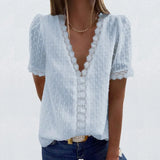 V-Neck Lace Shirt Blouse Spring Summer Short Sleeve Ladies Shirt Casual Women Solid Pullover Tops Blusa Streetwear