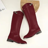 New Women Motorcycle Booties Belt Strap Metal Shark Lock Flat Heel Knee High Boots Woman Shoes Genuine Leather Botas