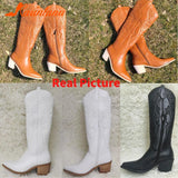 Western Boots 2023 Hot Fashion Pointed Toe Embroidery Vintage Style Country Knee-high Boots Retro Dress Comfort