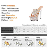 Women New Crystal Slippers 14.5CM Fashion Model High Heels Summer Thin Heels Sexy Party Shoes Waterproof Platform Sequin