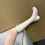 Long Ladies Boots Elegant Heeled High Heels Shoes for Women Lace-up Winter Knee Shaft with Laces White Spring Autumn
