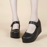 Spring Platform Shoes Wedge High Heels Women's Pumps Black Mary Janes Ladies Strap Leather Work