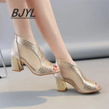High-heeled Sandals Women Summer Thick-heeled Fish Mouth Large Size Mesh Breathable Women's Rhinestone Back Zipper