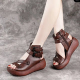 Women's Sandals Summer 2023 Mid Heeled Wedges Shoes for Women Retro Leather Gladiator Sandals Platform Rome Sandalias De