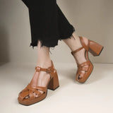 Hollow Out Roman High-Heeled Women Summer Season New Fashion Square Head Back Empty Thick With One Word Buckle Sandal