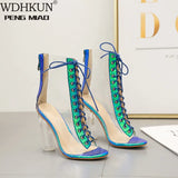 Clear Chunky Heels Women Ankle Boots Summer Sandals Sexy PVC Transparent Gladiator Sandals Cross Strappy Peep Toe