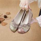 New Head Layer Cowhide Flat Bottom Low Heel Women's Shoes National Wind Flower Skin Casual Women's Single Shoes Middle-Aged And Elderly Mother