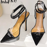 Runway Style Ankle Strap Gold Sandals For Women Thick Bottom Pointed Toe Stiletto High Heels Platform Pole Dance