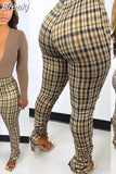 Plaid Print High Waisted Pants Casual Office Lady Trousers Slit Design Women Skinny Stacked Long Pants New 2023