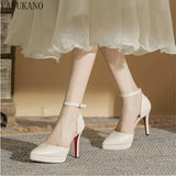 High Heels Female Summer Sandals Designer Brand Platform Stiletto Ankle Strap Pumps Matte Leather Womens Shoes Size 32