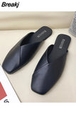 Women Mules 2023 Summer Elegant Square Closed Toe Flat Slippers Female Shoes Casual Leather Black White Slides Plus Size