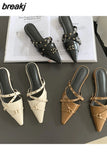 Pointed Toe Flat Heel Mules Shoes Women Closed Toe Outdoor Slippers Elegant Slide Narrow Band Sandal Brand Rivet
