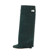 Lock Folded Woman Wedge Boots Black Leather Belt Height Increasing Knee High Boots Pointed Toe Winter Long Boots