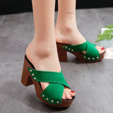 New Fashion Slippers Fashion Rivets Open Toe Trendy Women Shoes Thick Heels Middle Heels Women's Slippers Plus