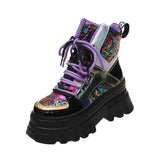 Glitter Motorcycle Boots Women Gothic Chunky Platform Ankle Boots Autumn Winter Thick Bottom Lace Up Punk Shoes