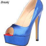 Women Pumps Fashion Sexy 14cm Thin High Heels Open Toe Platform Crocodile pattern Stiletto Party Dress Wedding