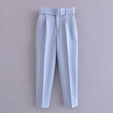 Solid Elegant Pencil Pants Women Business Suit Pants Female Pleated Lady Long Trousers With Belt Pantalones