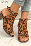Ladies Women's Leopard Ankle Boot Woman Fashion Summer Female Block Chunky Heels Comfortable Ladies Short Botas Open