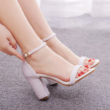 Queen 9CM High Heels White Pearls Wedding Shoe Bride Open Toe Prom Evening Formal Party Dress Pumps Summer