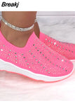 Knit Mesh Crystal Sneakers Women Comfortable Breathable Flat Shoes Fashion Slip on Plus Size Casual Shoes