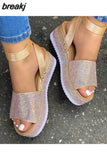 Fashion Rhinestones Wedge Sandals Women Summer 2023 High Heels Platform Shoes Woman Thick Sole Black White Chunky