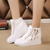 Women Wedge Sneakers Side Zipper PU Leather Casual Shoes Sequins Thick Bottom White Shoe Women's Internal Heighten Flat