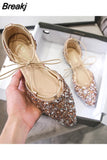 Women Luxury Rhinestone Ballet Flats Cross-Tied Lace Up Flat Shoes Woman Crystal D'orsay Wedding Shoes Glitter