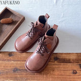 Leather Women Boots Mori Girl Literary Retro Lace-up Ankle Boots Original Handmade Soft Sole Comfort Flat Short