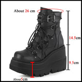 Brand Design Black Gothic Style High Heels Black Front Zipper Ankle Platform Boots Street Cool Woman Wedges
