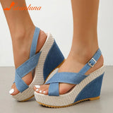 For Dropship 2023 New Summer Elegant Wedge Slide Sandals For Women Denim Single Band Flatform Sandals Beach