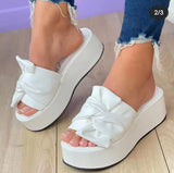 Solid Color Muffin Sandals, Bow Tie, Slippers, Women Wear Beach Slippers With Thick