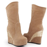 On Sale Elegant Ladies Platform High Wedges women's Boots Flock Casual Party Fashion Patchwork Winter Plush