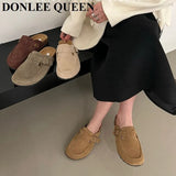New Spring Suede Flats Close Toe Slippers Women Flat Thick Bottom Mules Shoes Fashion Outdoor Slides Retro Britain