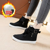 and Autumn Round Head High-top Belt Buckle Decoration Front Lace-up Canvas Shoes Breathable Women's Shoes