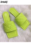 Size 35-41 Slippers Women Flat Square Toe Slides Beach Flip Flops Fashion Embroidery Sandal Gingham Slipper Apple Green