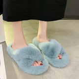 Winter Women Slippers Faux Fur Fully Wrapped Sole Vamp Furry Slippers Black Female Warm Flats Large Size Slides Cozy