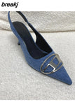 Slingback Sandals Women Med Heels Pumps Rivet Shoes Elegant Pointed Toe Female Mules Dress Slides Denim Sandalias