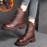 Leather Shoes Women Boots Zip Round Toe Flat With Handmade Concise Leisure Sewing Platform