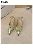 Spring New Brand Pointed Toe Slingback Shoes Thin Heels Shallow Slip On Ladies Elegant Sandals Green Pumps For Dress