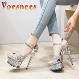 Sequined Slim Heel Women's Shoes Waterproof Platform Peep Toe Sandals Transparent Crystal Sole Sexy Buckle Strap High