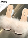 Fluffy Peep Toe Sexy High Heels Women Shoes Fur Feather Lady Fashion Wedding Slip-On Pink Square Sandals Tacones