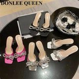 Rhinestone Butterfly Knot Slippers Fine Heel Sandal Women Crystal Fairy Pink Blue Bow Diamond High Heel Mule Shoes For