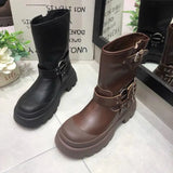 Boots Square Heel Round Toe Gothic Shoes for Women Autumn Medium Heel Women's Shoes Motorcycle Footwear Botas De