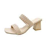 Women Slip-On Bohemia Weave OL Wear Pumps Sandals For Ladies White High Thick Heel Slippers Slides Shoes Plus Size