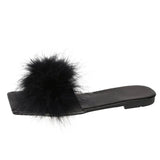 Blue Summer Flat Fur Slipper Women 2023 Soft Bottom Non Slip Slides Shoes Woman Fashion Square Toe Fluffy
