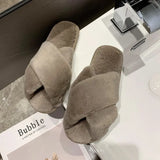 Size Woolen Slippers For Women 2024 Autumn And Winter New Flat-Bottomed Indoor And Outdoor Wear Cross Plush Cotton