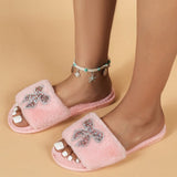 New Style Women's Home Fur Slippers Woman Red Lips Rhinestone Fur Home Slippers Flat Indoor Floor Shoes Women