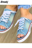 Women Canvas Sandals Breathable Summer Slippers Lace Up Open Toe Ladies Faux Denim Flat Shoes Zapatos Mujer