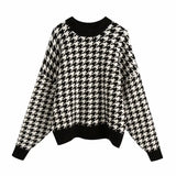 Houndstooth Knitting Loose Sweater Casual Femme O-Neck Long Sleeve Pullover High Street Lady Tops